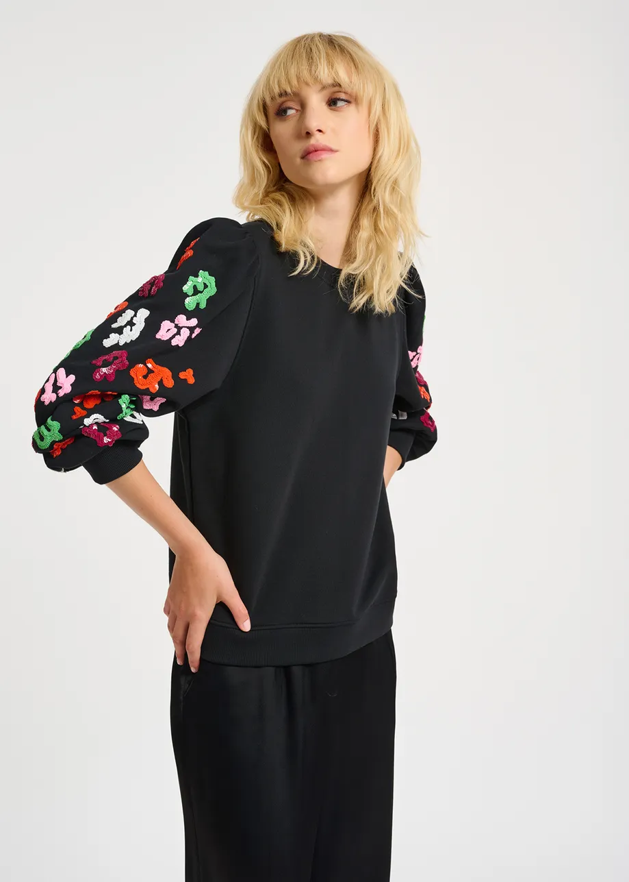 Black sweatshirt with multicolor sequin embroideries