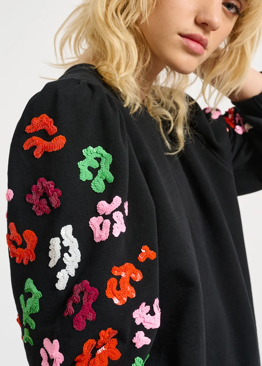 Black sweatshirt with multicolor sequin embroideries
