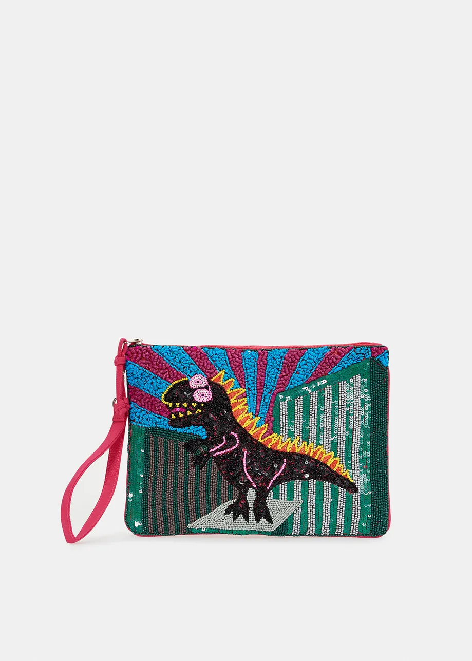 Multicolor bead-embellished 'dinosaur' pouch
