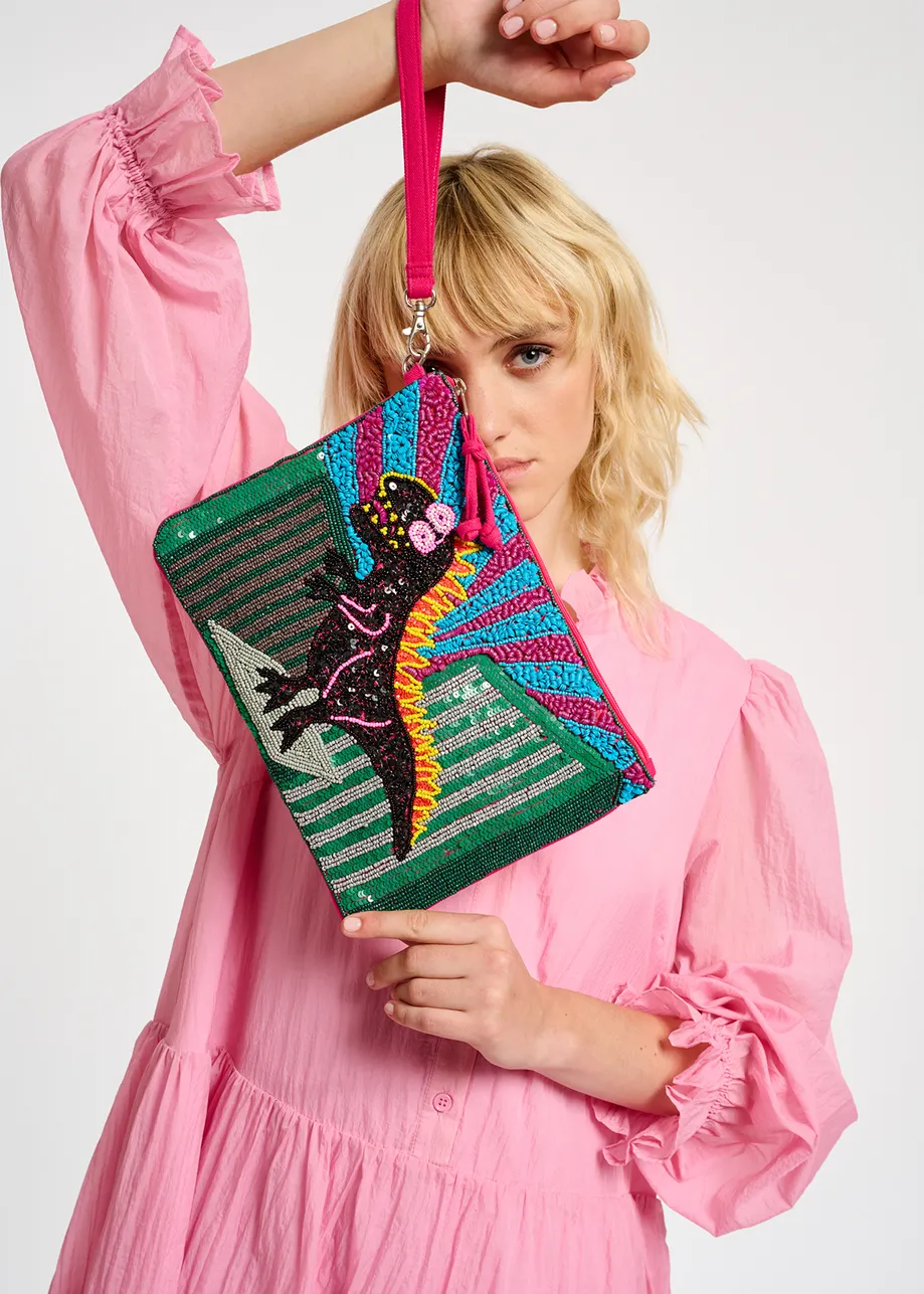 Multicolor bead-embellished 'dinosaur' pouch