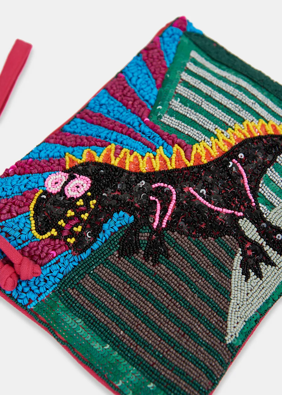 Multicolor bead-embellished 'dinosaur' pouch