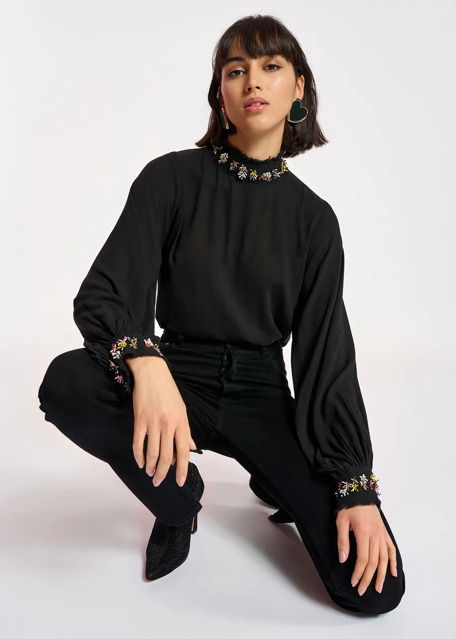 Black high neck top with bead embellishments