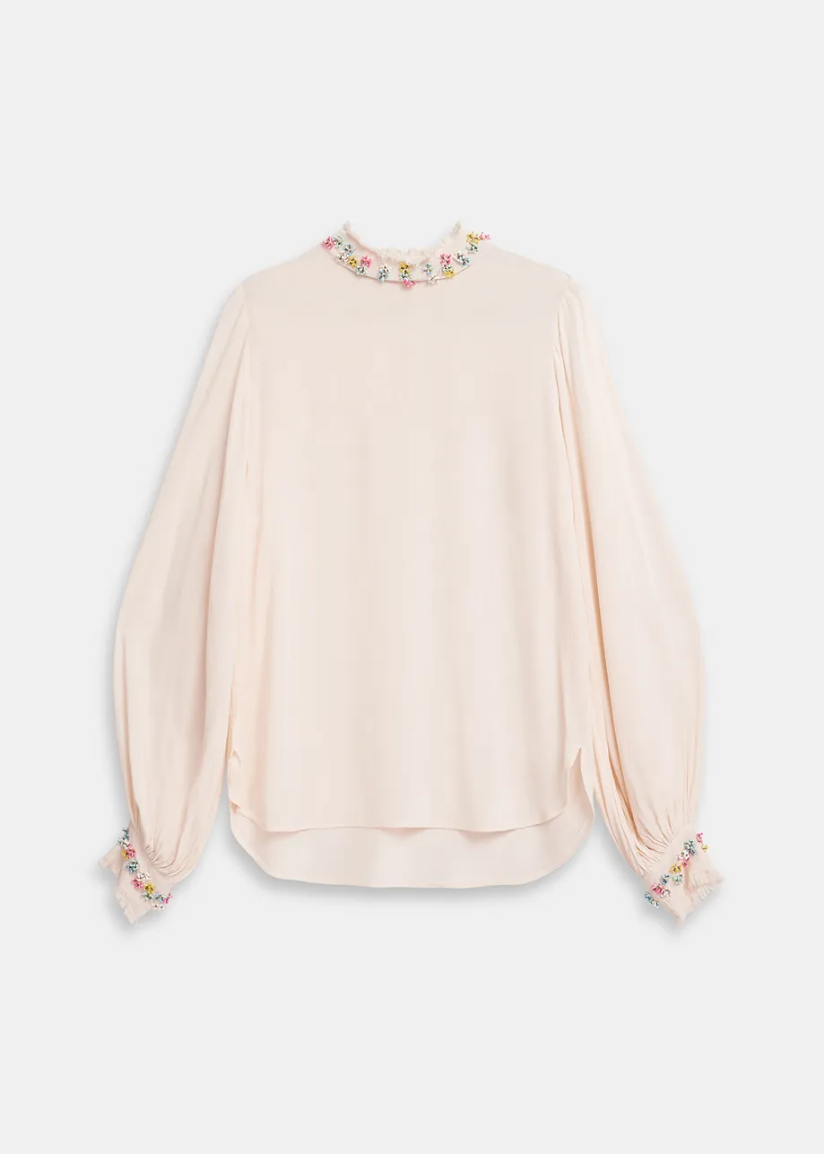 Off-white high neck top with bead embellishments