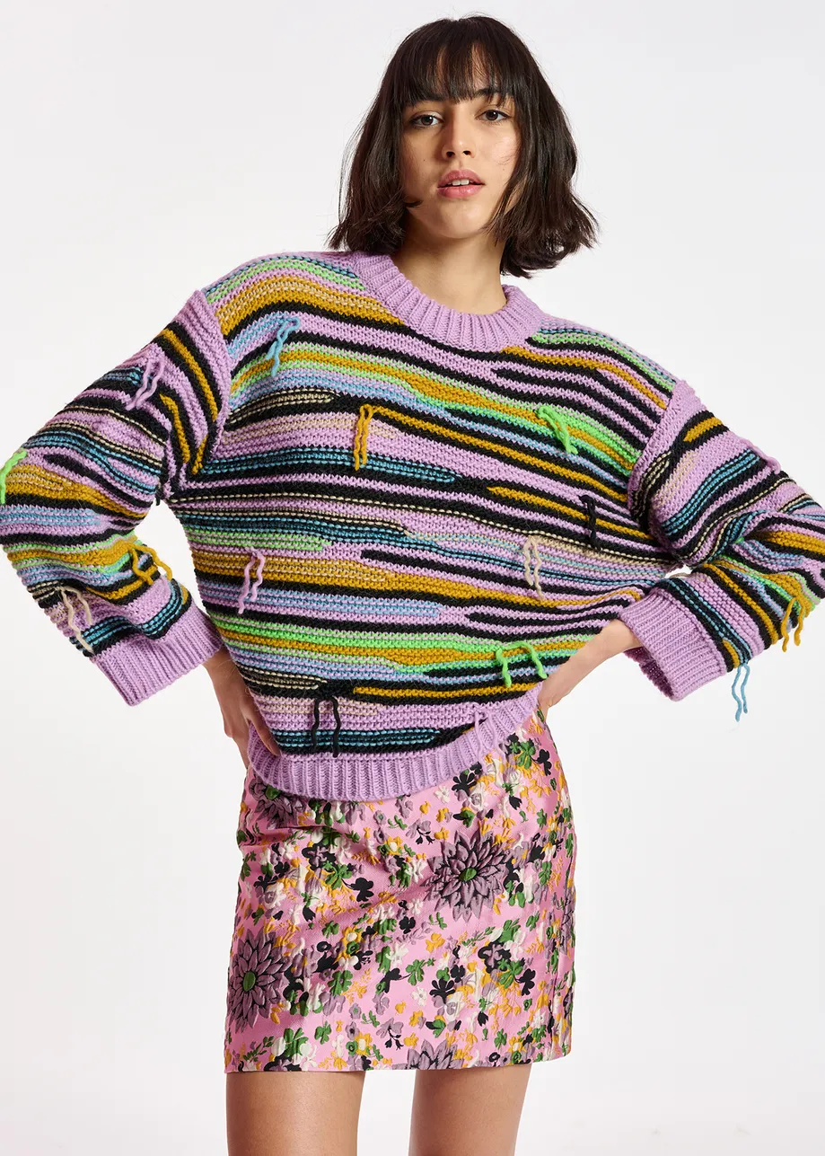 Lilac striped knit sweater with inside-out look