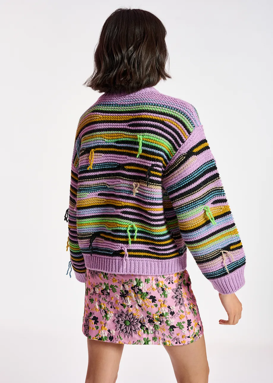 Lilac striped knit sweater with inside-out look