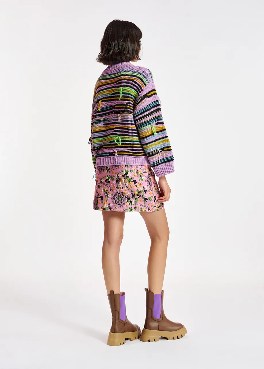 Lilac striped knit sweater with inside-out look