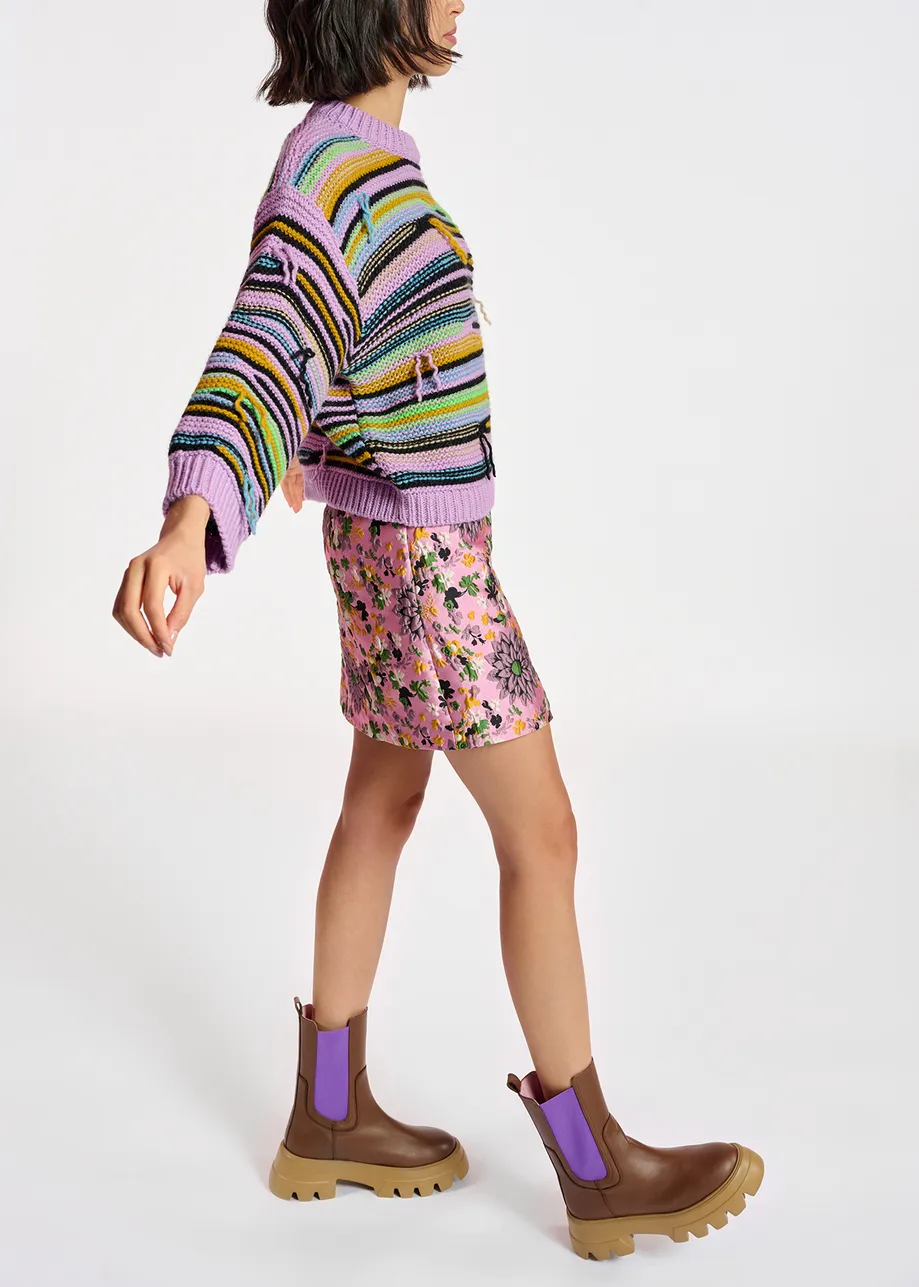 Lilac striped knit sweater with inside-out look