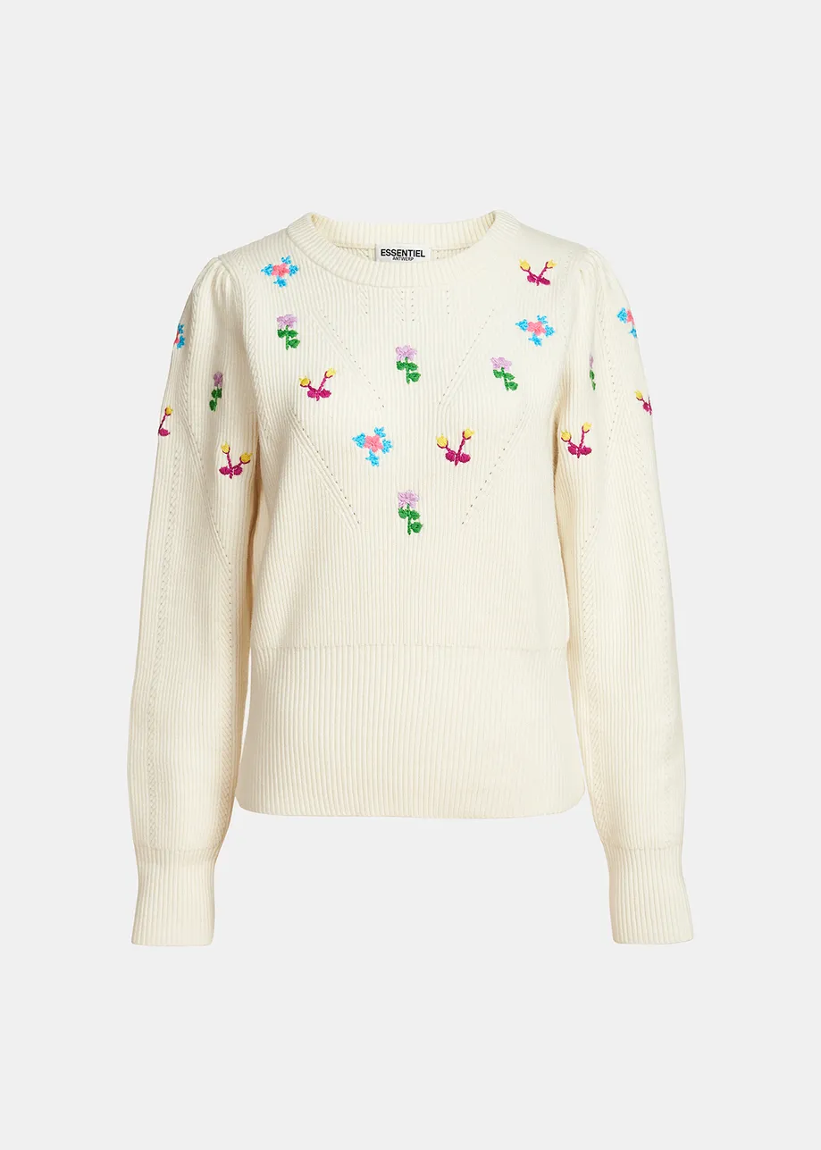 Off-white pointelle-knitted sweater with floral embroideries