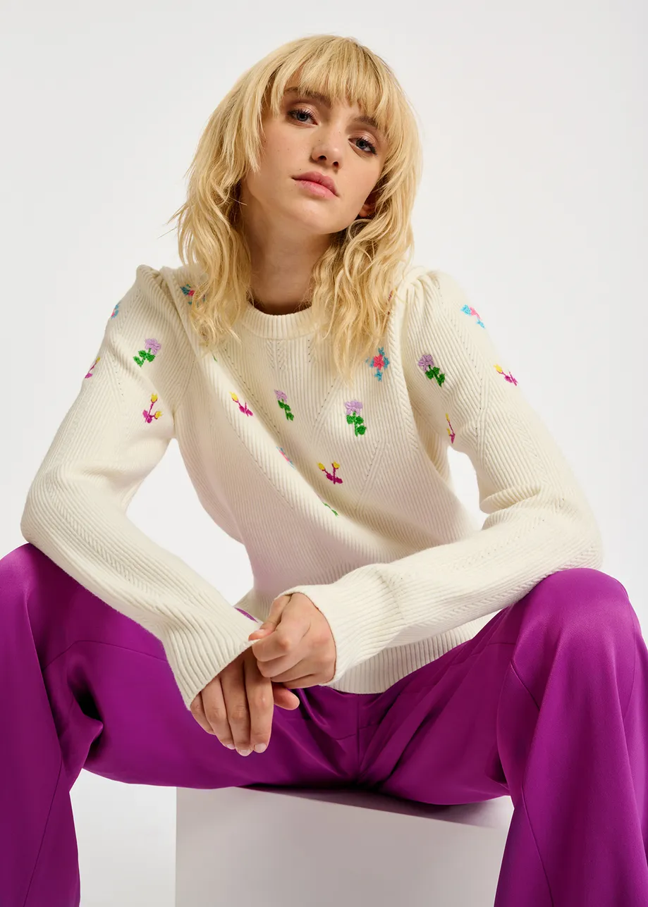 Off-white pointelle-knitted sweater with floral embroideries
