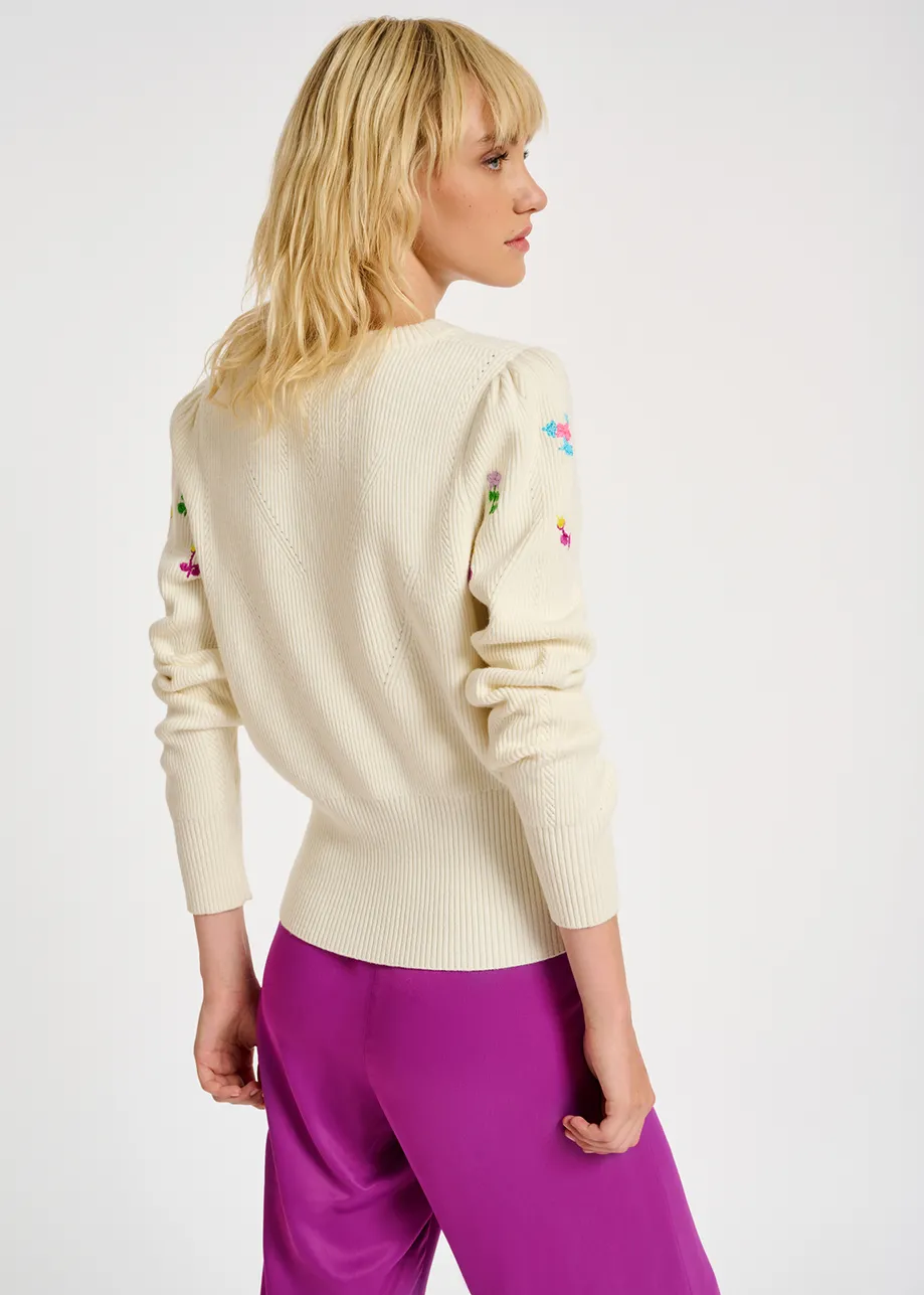 Off-white pointelle-knitted sweater with floral embroideries
