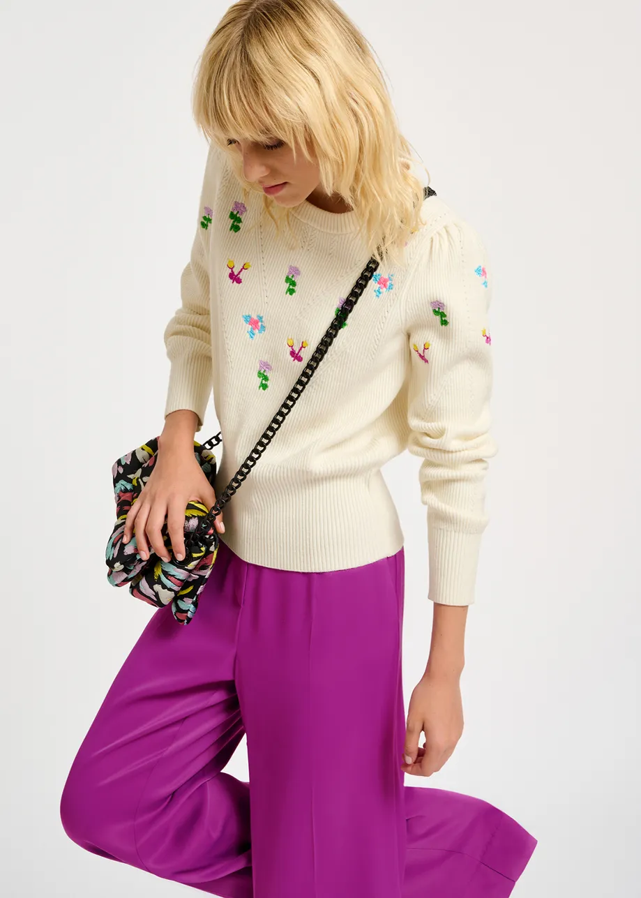 Off-white pointelle-knitted sweater with floral embroideries