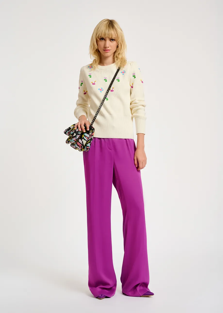 Off-white pointelle-knitted sweater with floral embroideries