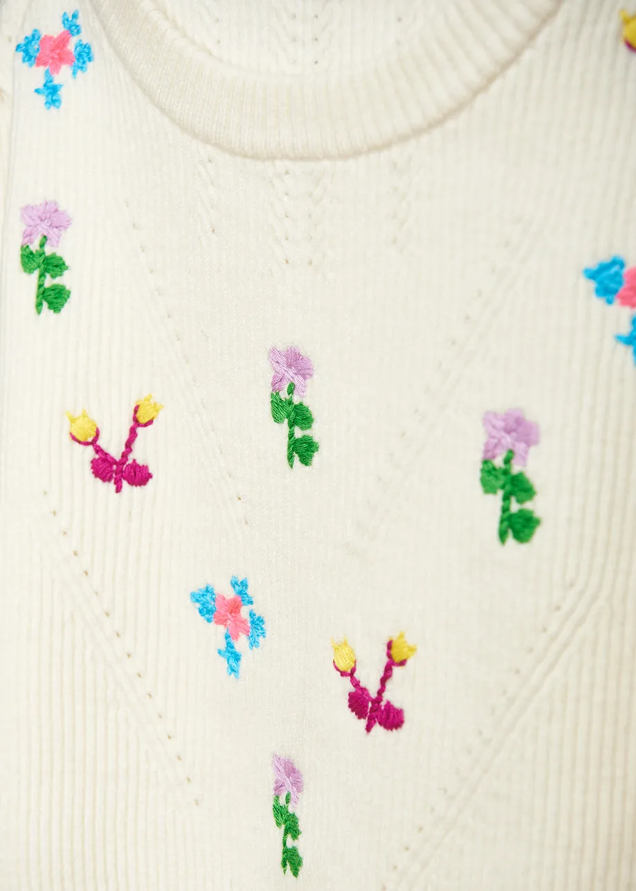 Off-white pointelle-knitted sweater with floral embroideries