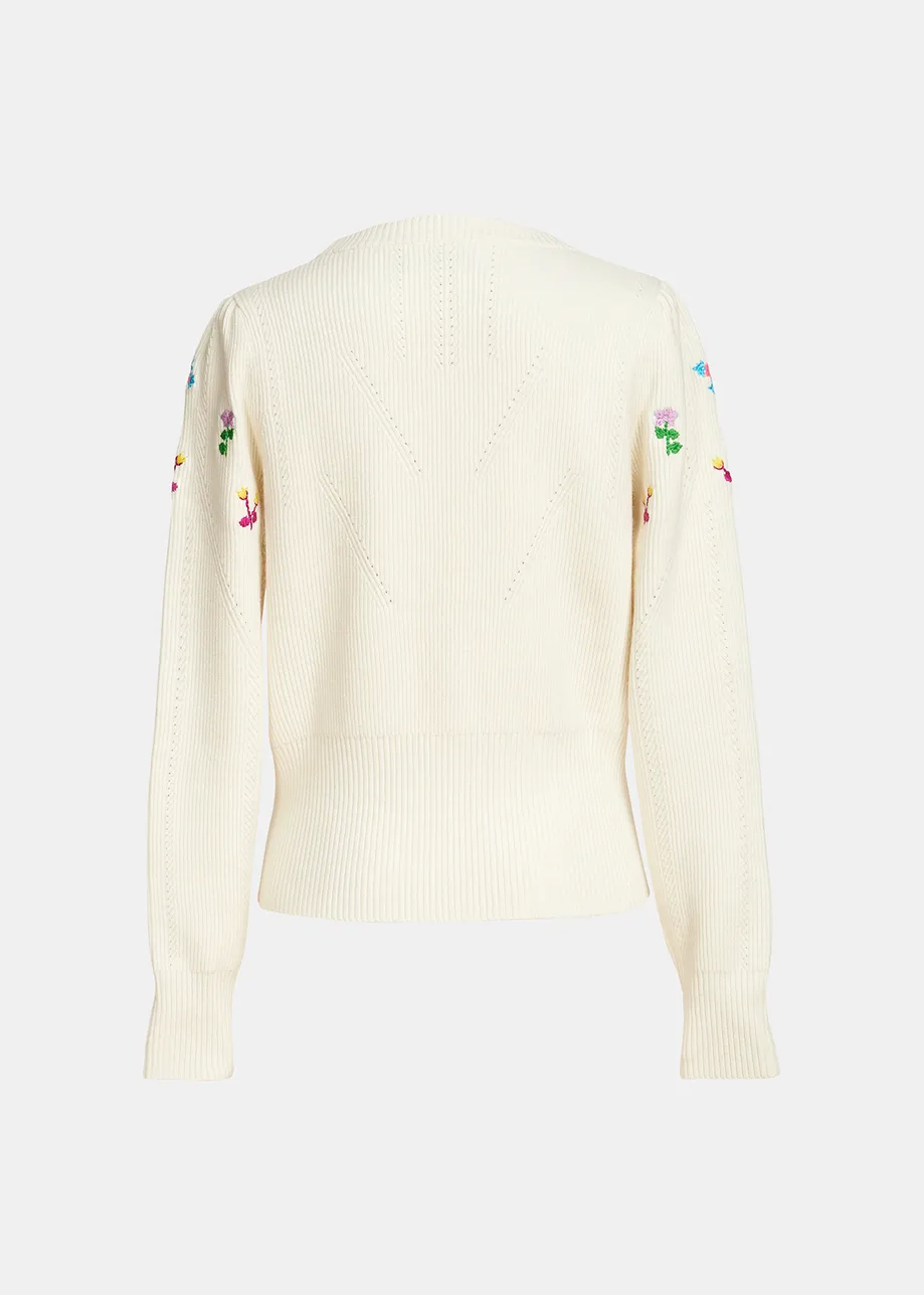 Off-white pointelle-knitted sweater with floral embroideries