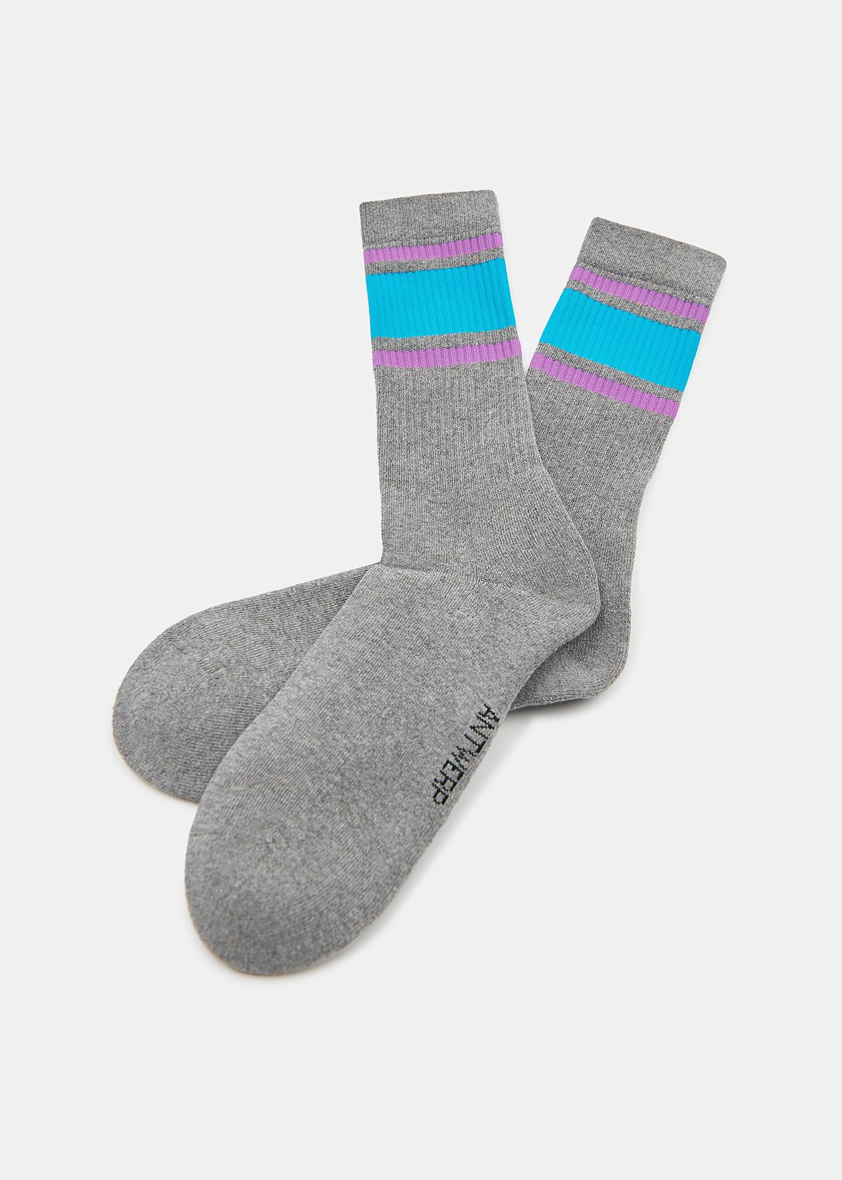 Grey socks with blue and purple stripes