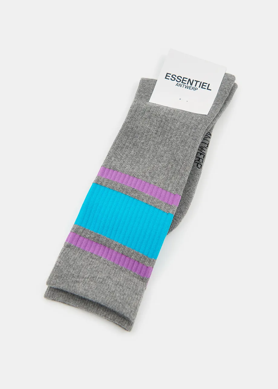 Grey socks with blue and purple stripes