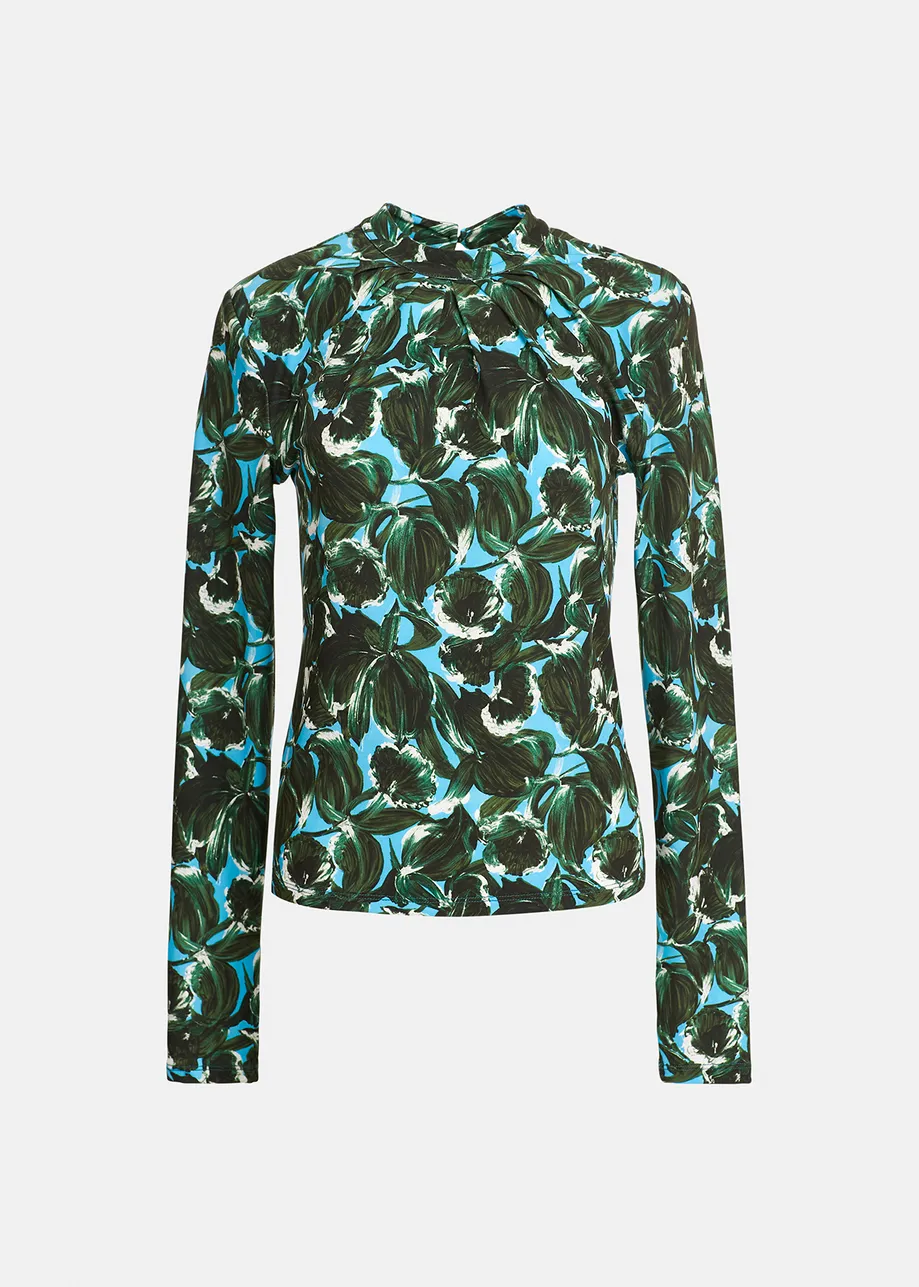 Blue and dark green leaf-print mock neck top