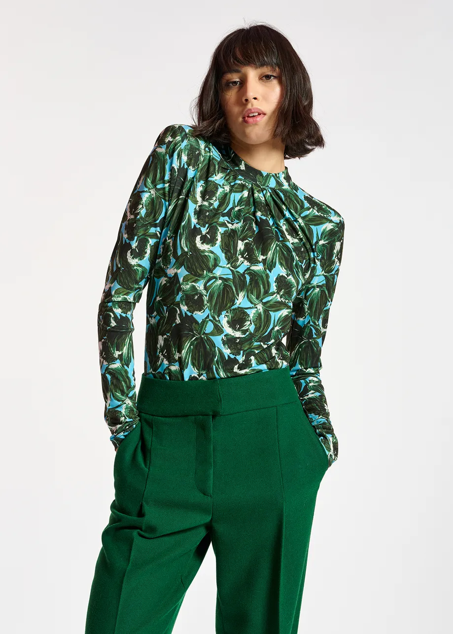 Blue and dark green leaf-print mock neck top