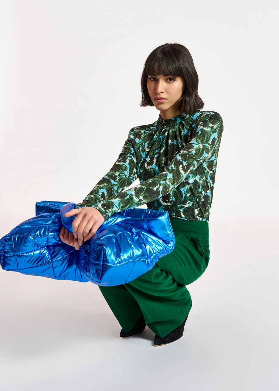 Blue and dark green leaf-print mock neck top