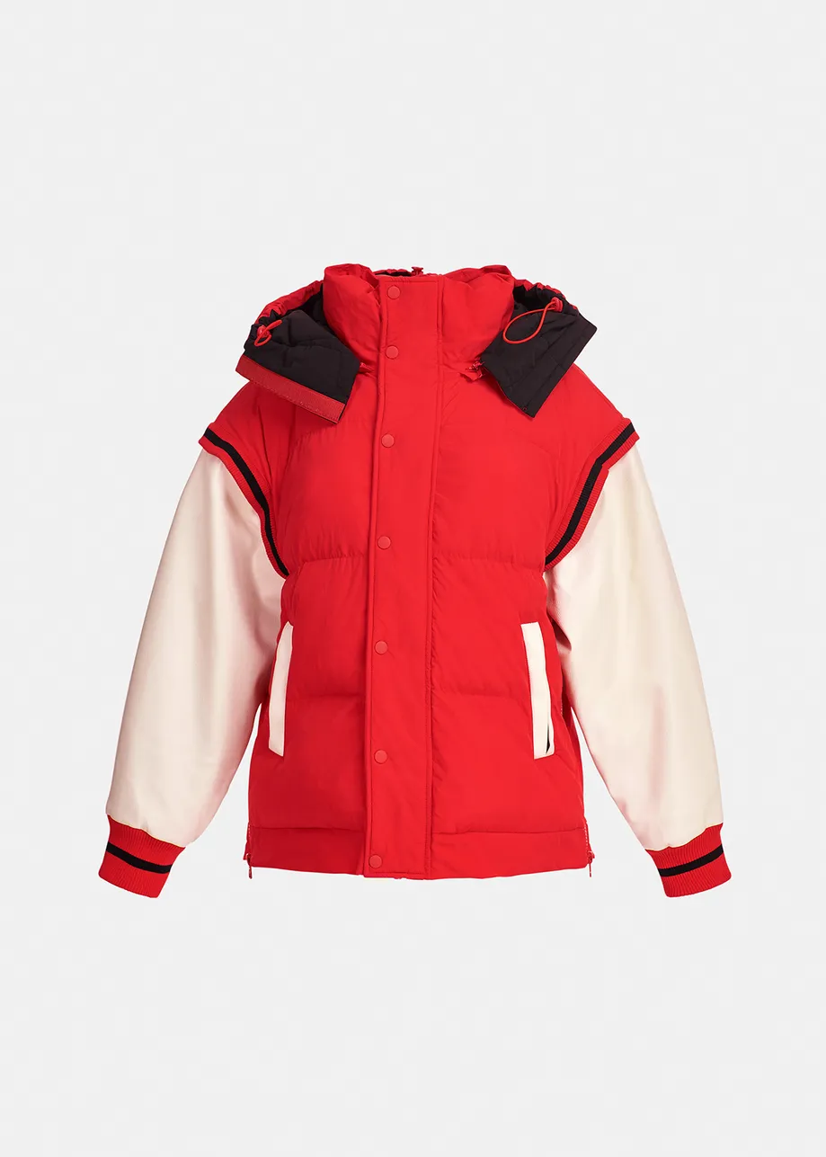 Red hooded puffer vest with faux leather sleeves