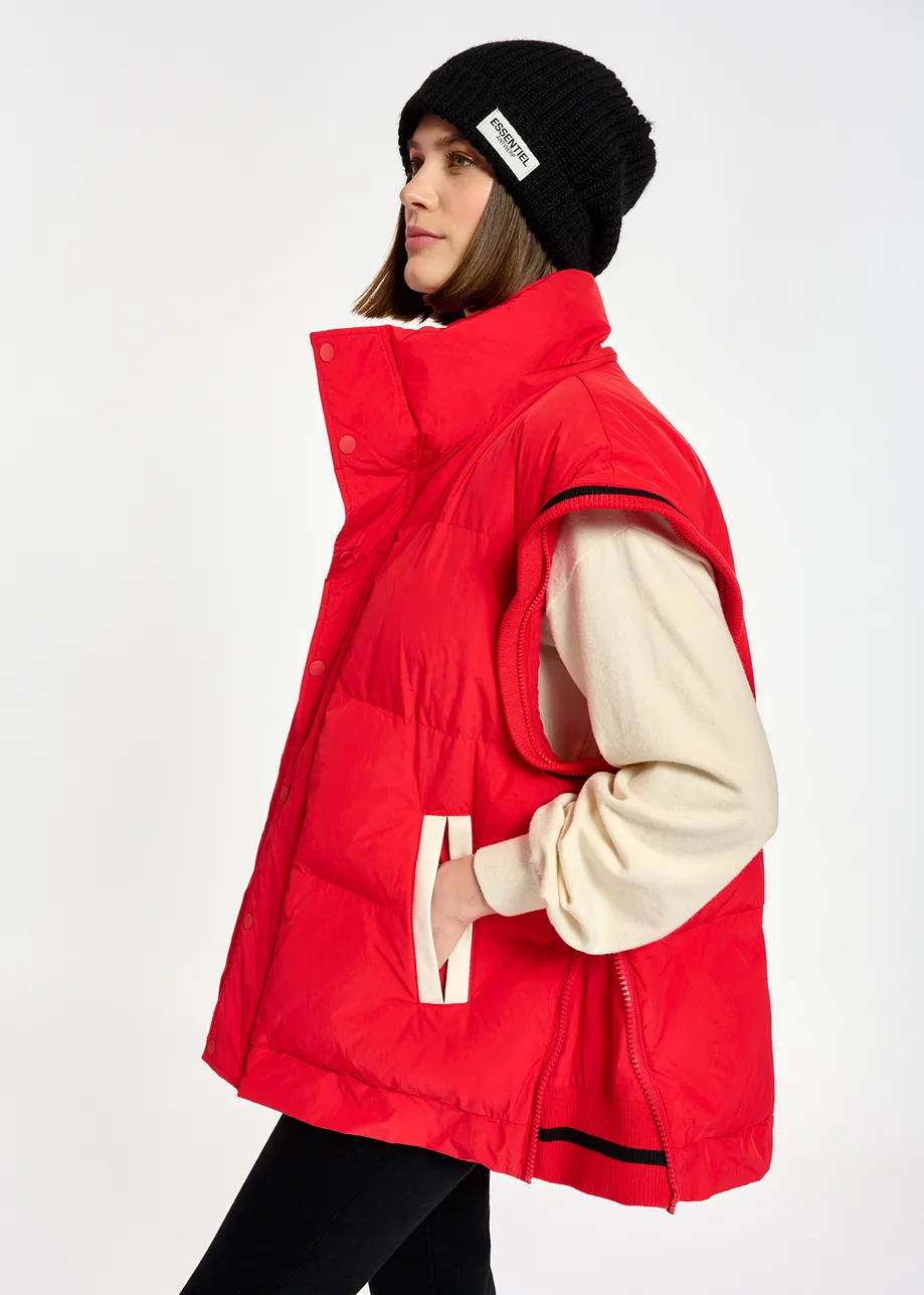 Red hooded puffer vest with faux leather sleeves