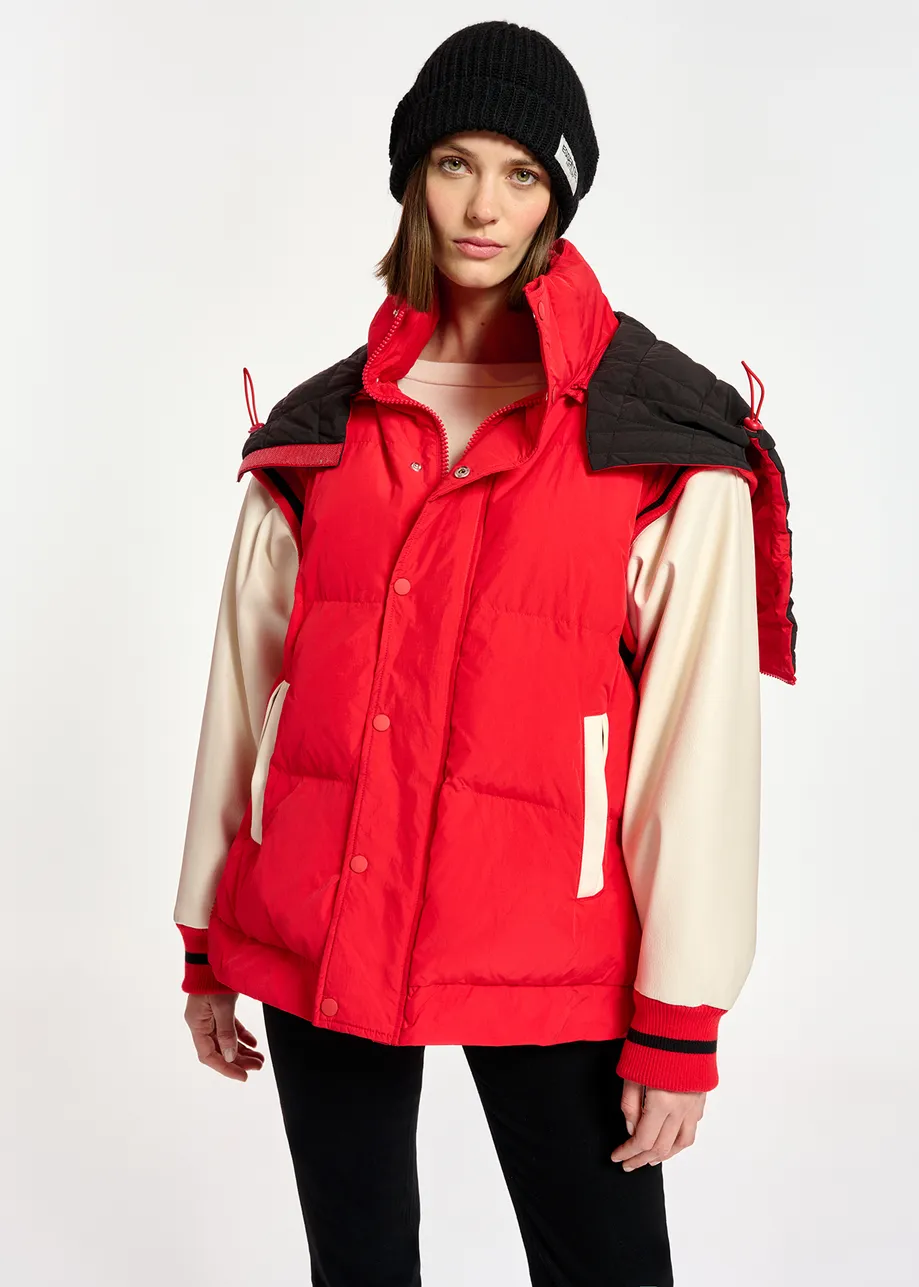 Red hooded puffer vest with faux leather sleeves