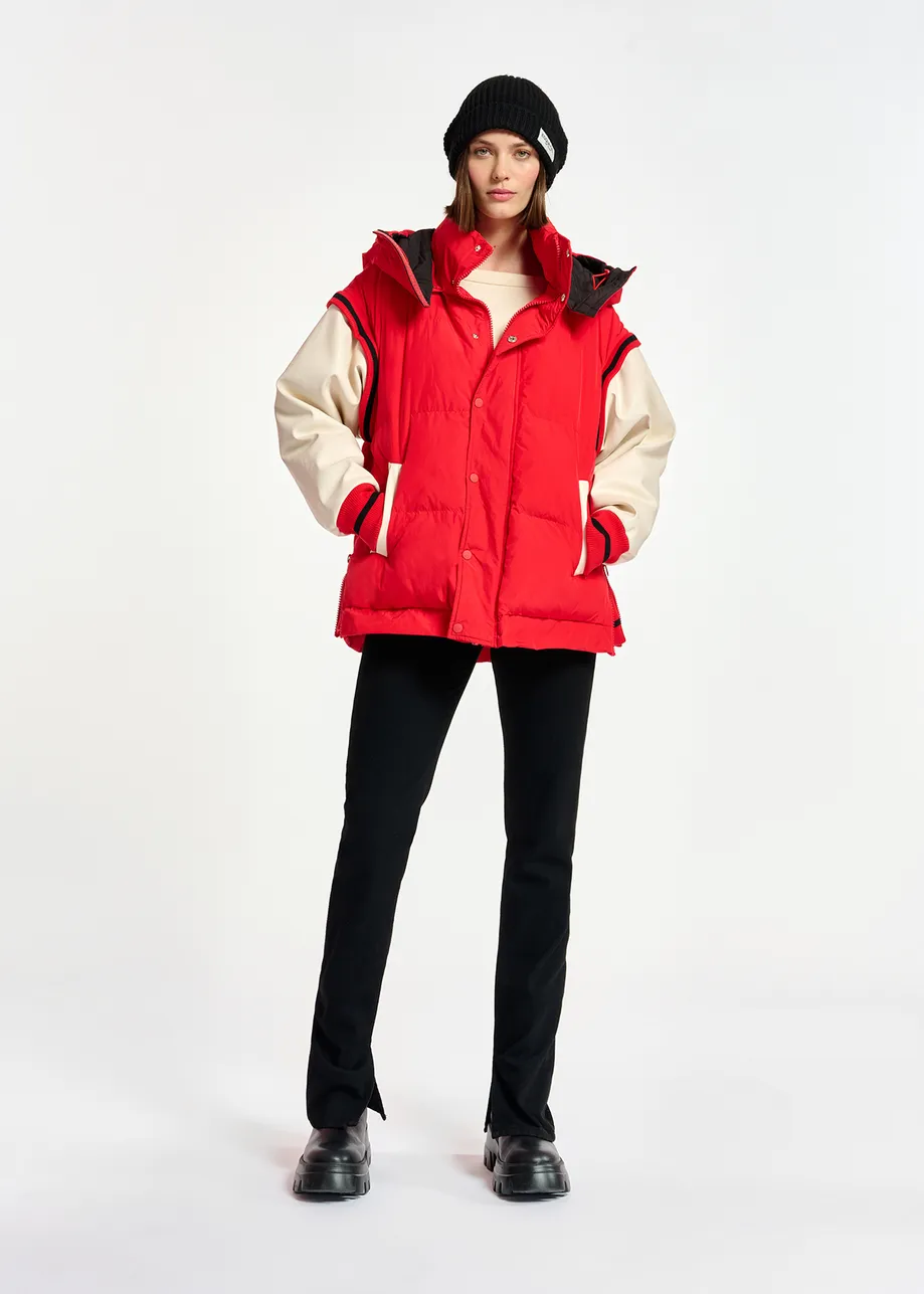 Red hooded puffer vest with faux leather sleeves