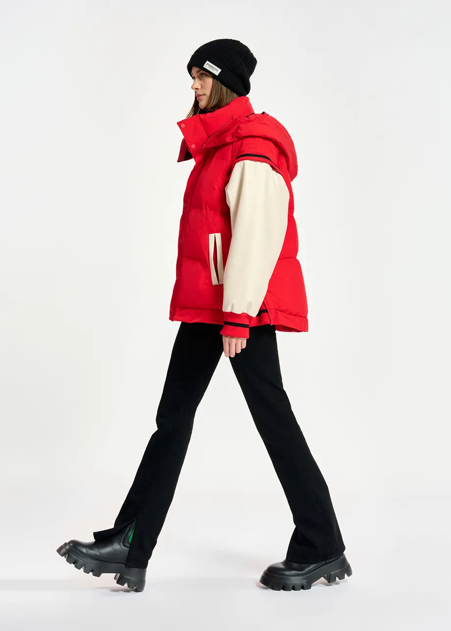 Red hooded puffer vest with faux leather sleeves