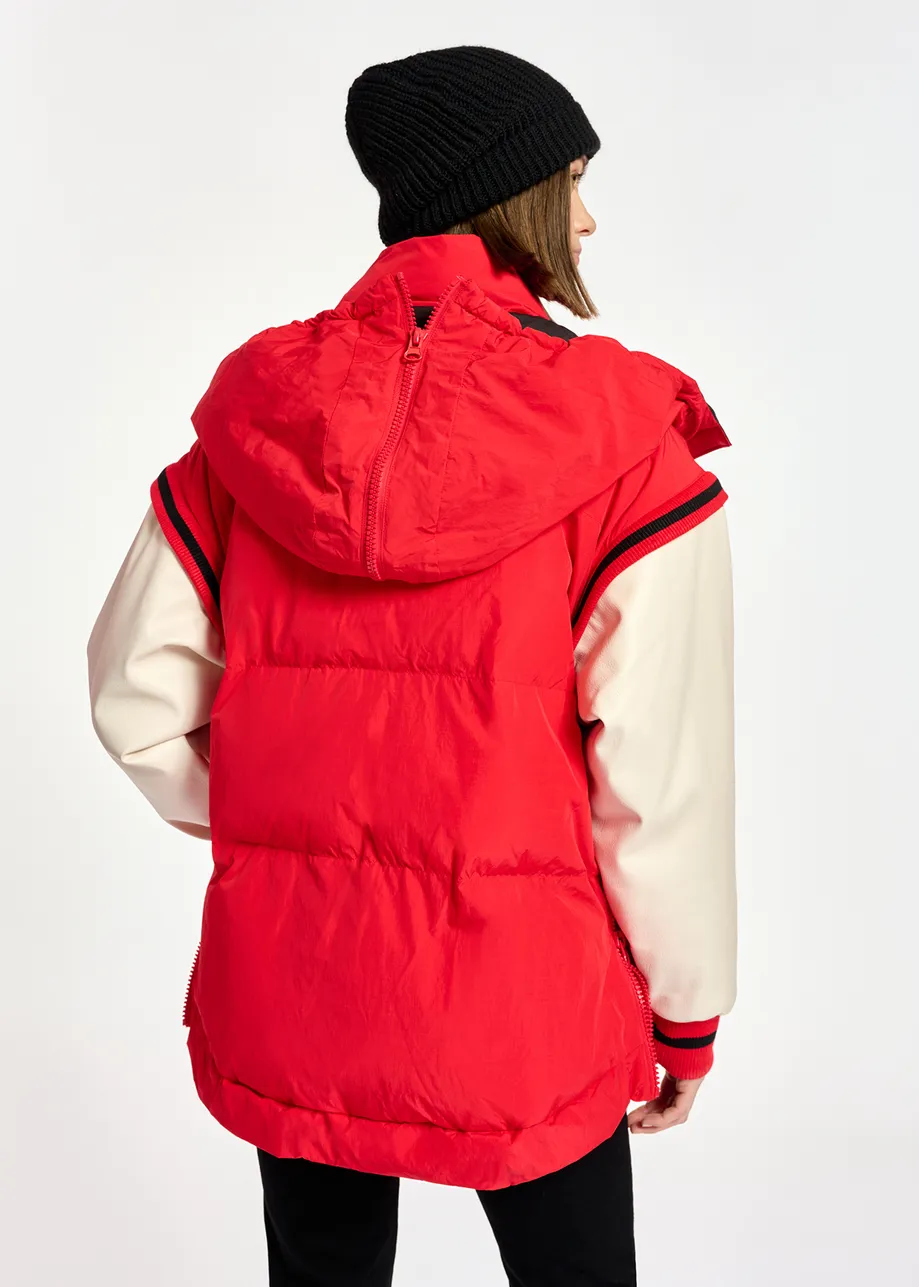 Red hooded puffer vest with faux leather sleeves