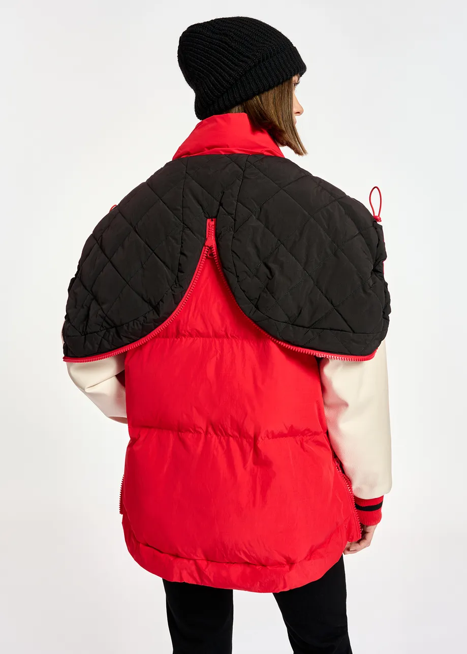 Red hooded puffer vest with faux leather sleeves