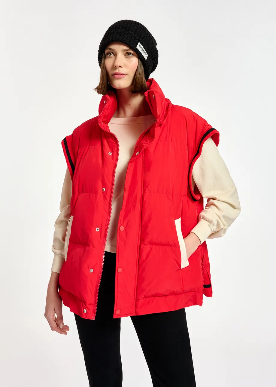 Red hooded puffer vest with faux leather sleeves