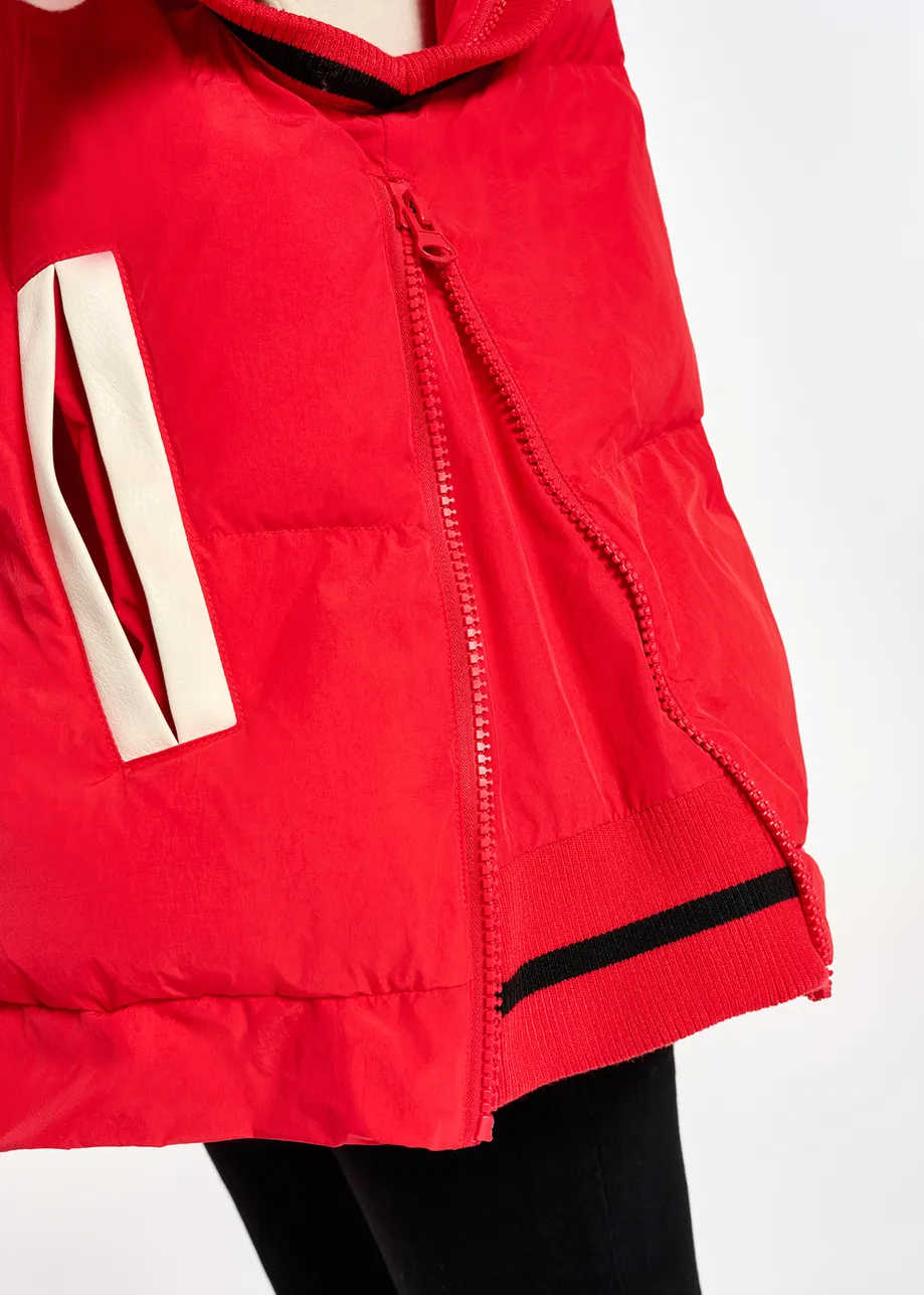 Red hooded puffer vest with faux leather sleeves
