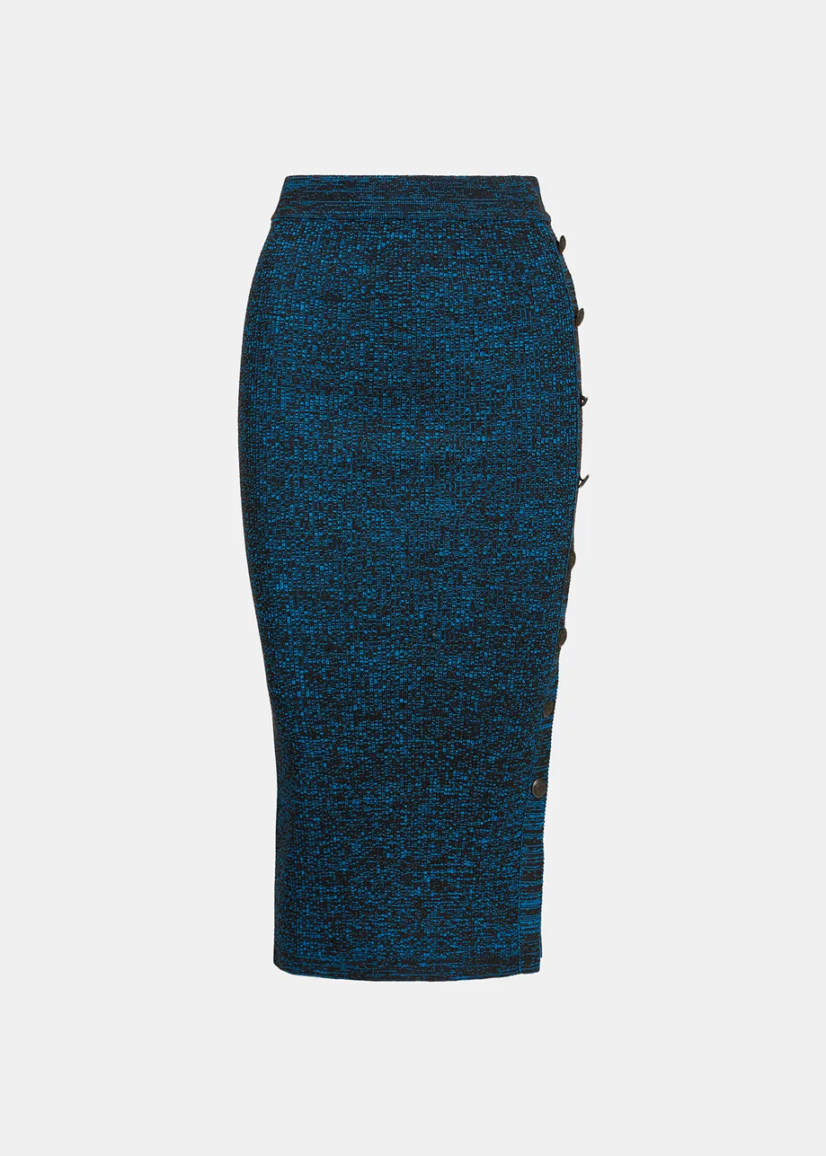 Blauw en zwart gemêleerde midirok met ribbels