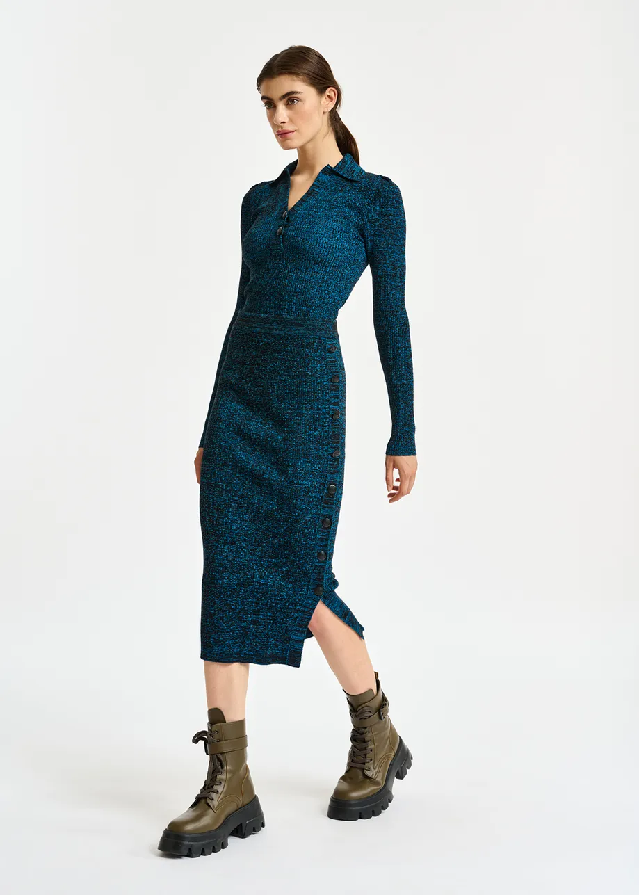 Blue and black mélange ribbed-knit midi skirt