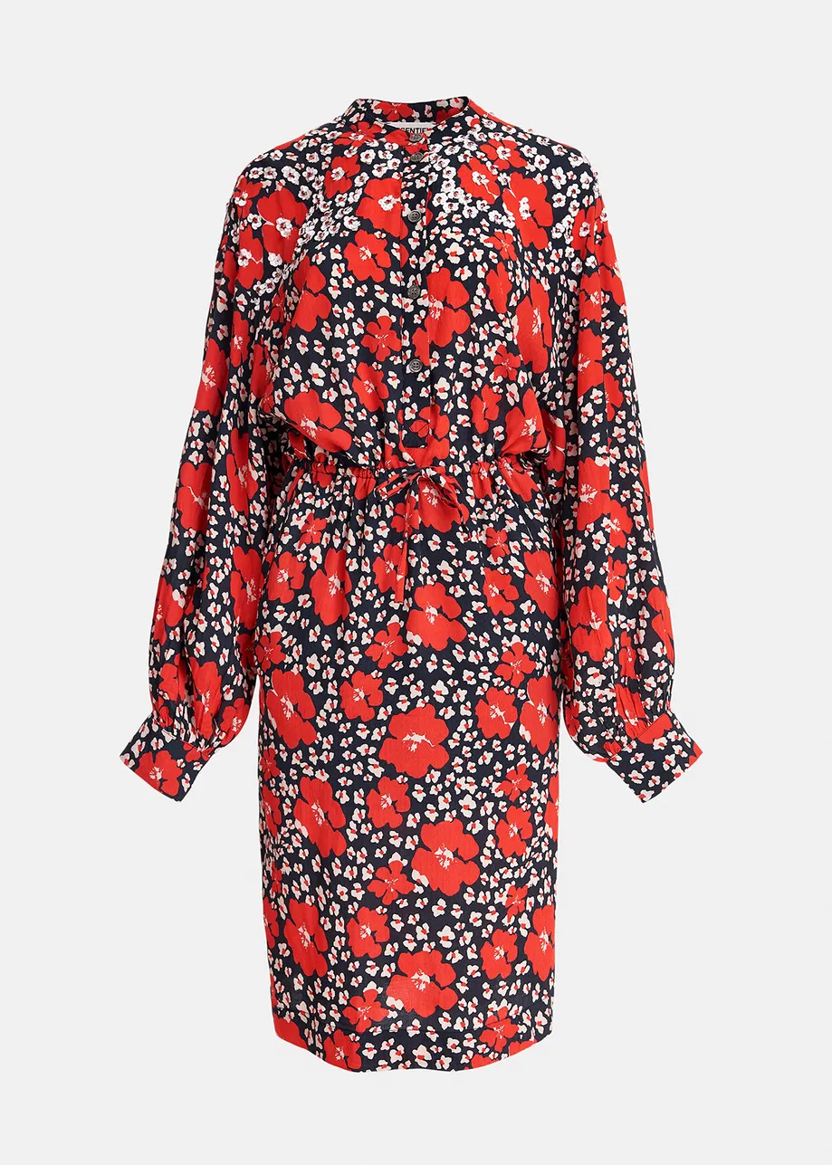 Dark blue, red and white floral-print midi dress