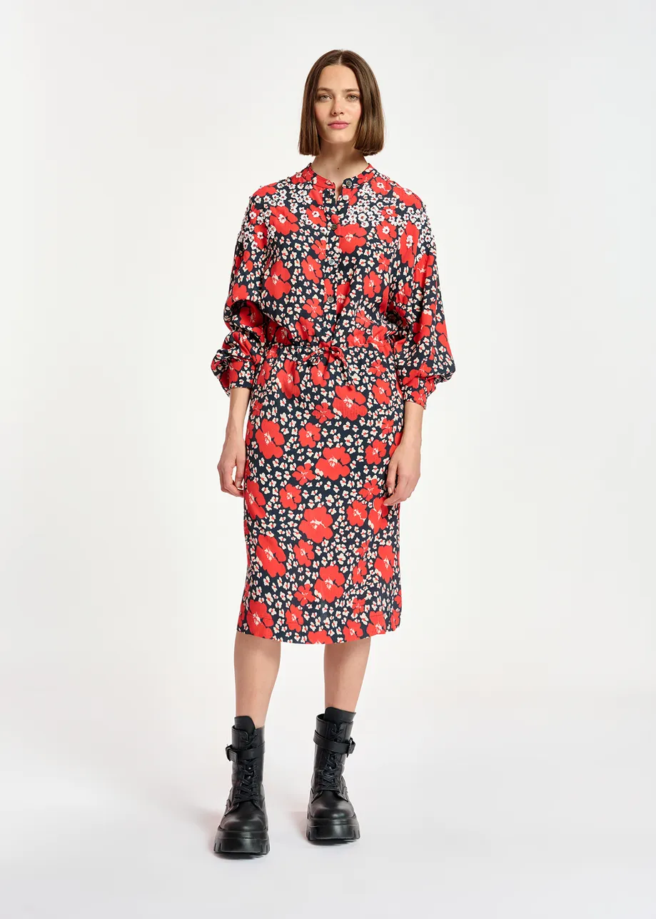 Dark blue, red and white floral-print midi dress