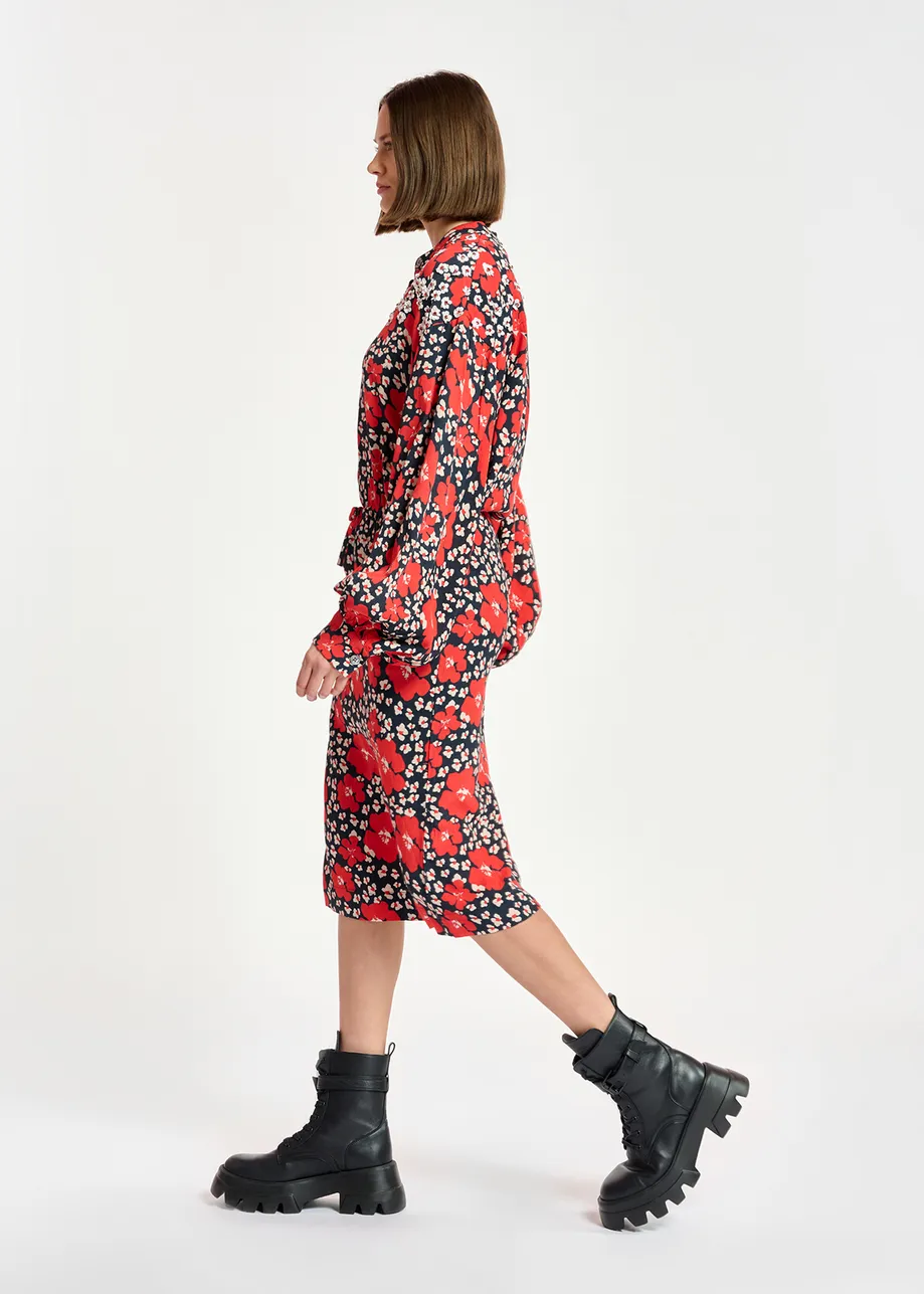 Dark blue, red and white floral-print midi dress