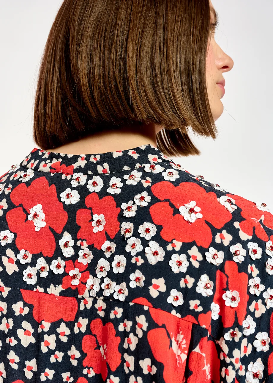 Dark blue, red and white floral-print midi dress