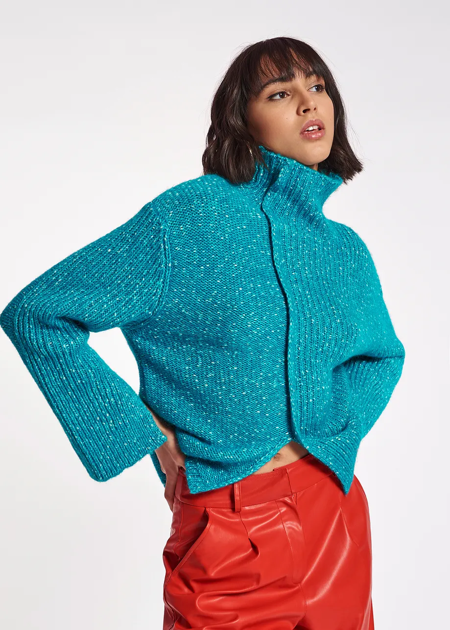 Blue mélange turtleneck knit sweater