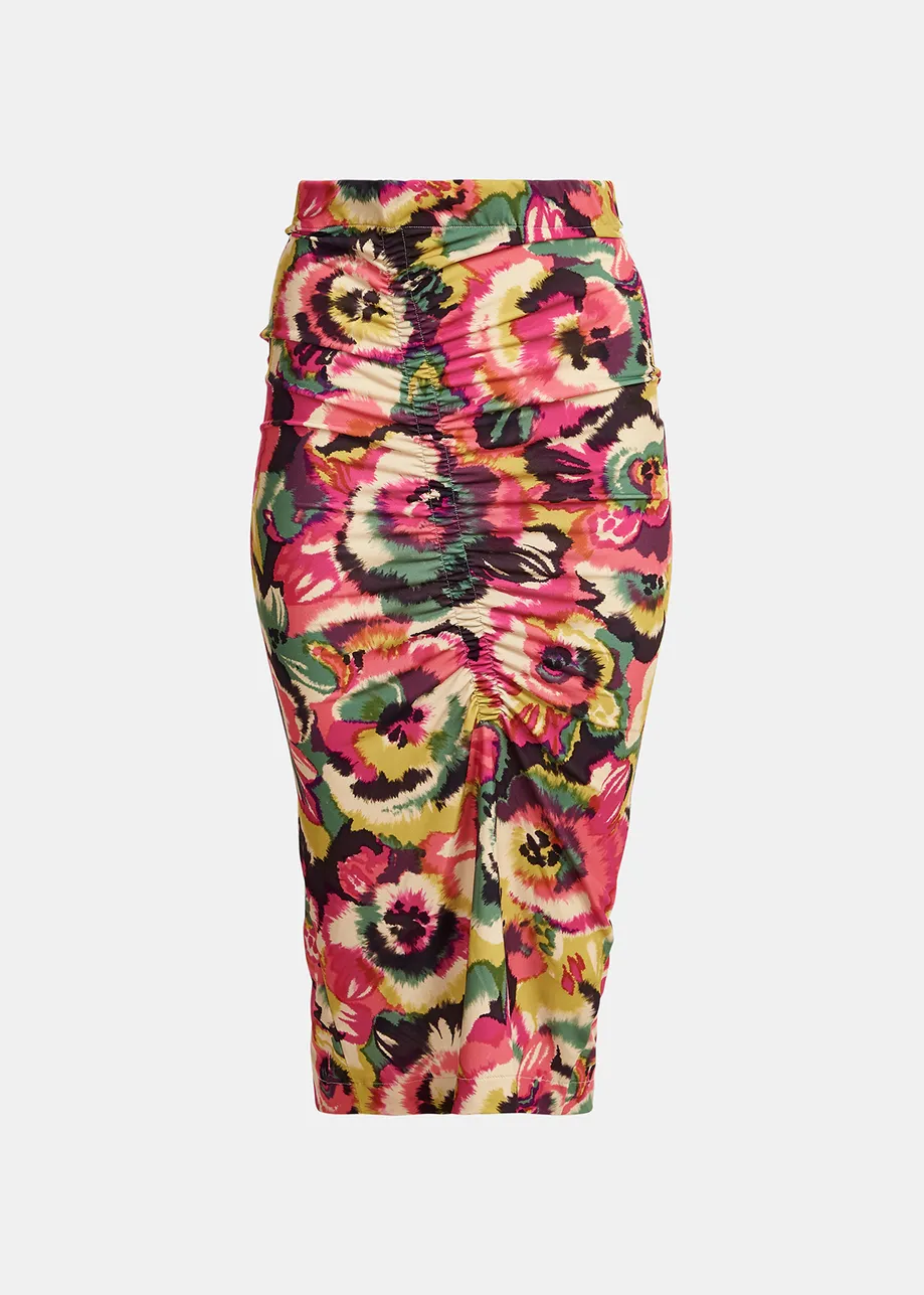 Midirok van stretch jersey met bloemen en ruches