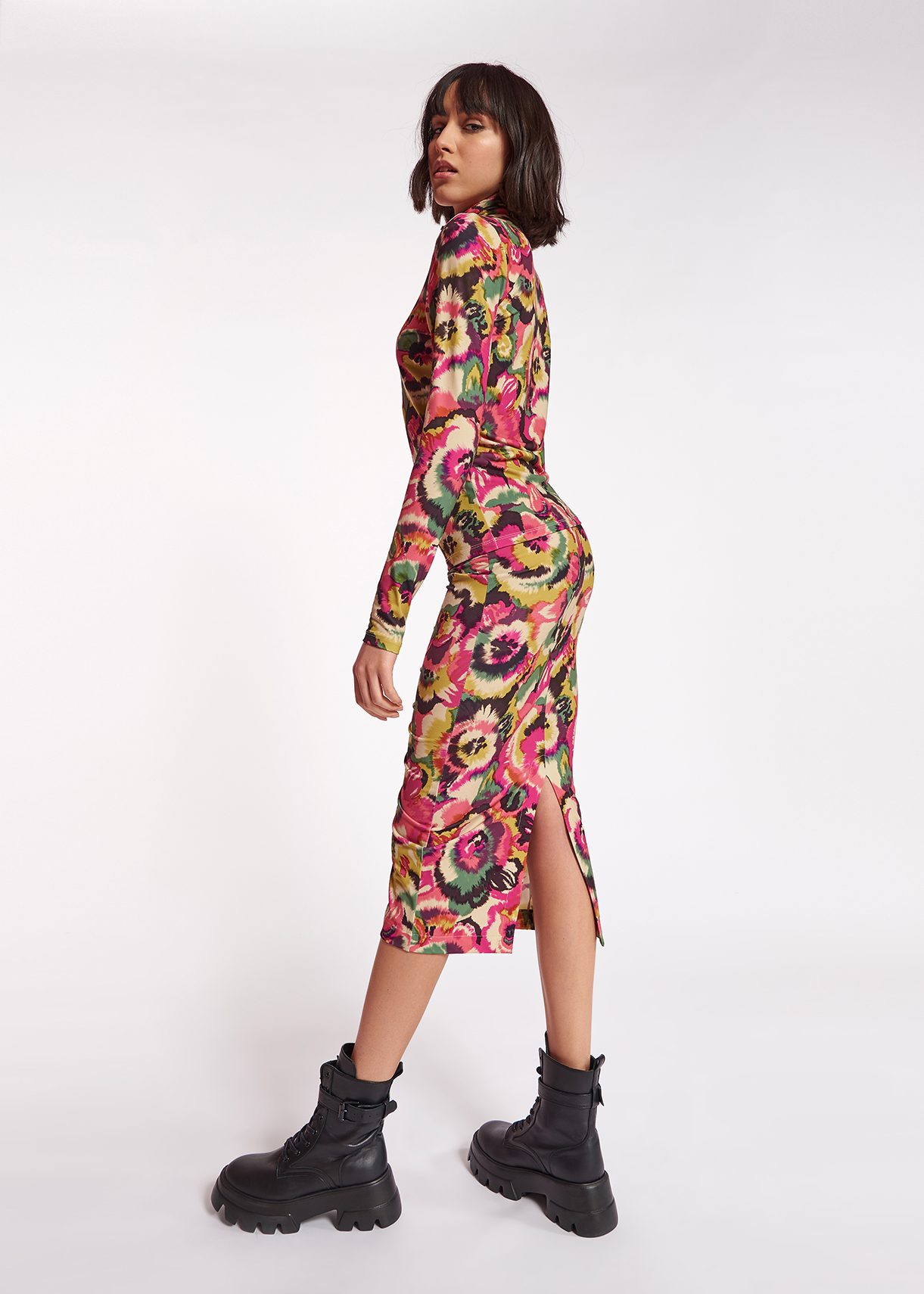 Midirok van stretch jersey met bloemen en ruches