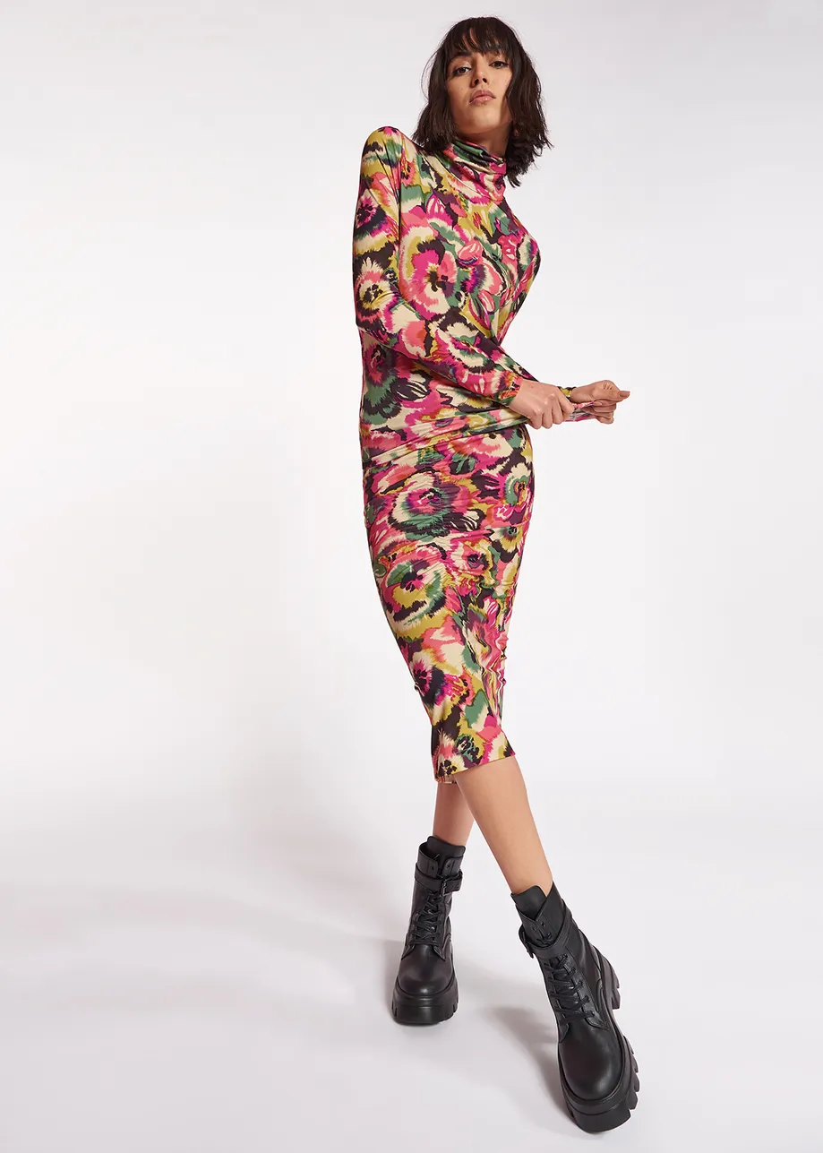 Multicolor floral-print ruched stretch-jersey midi skirt