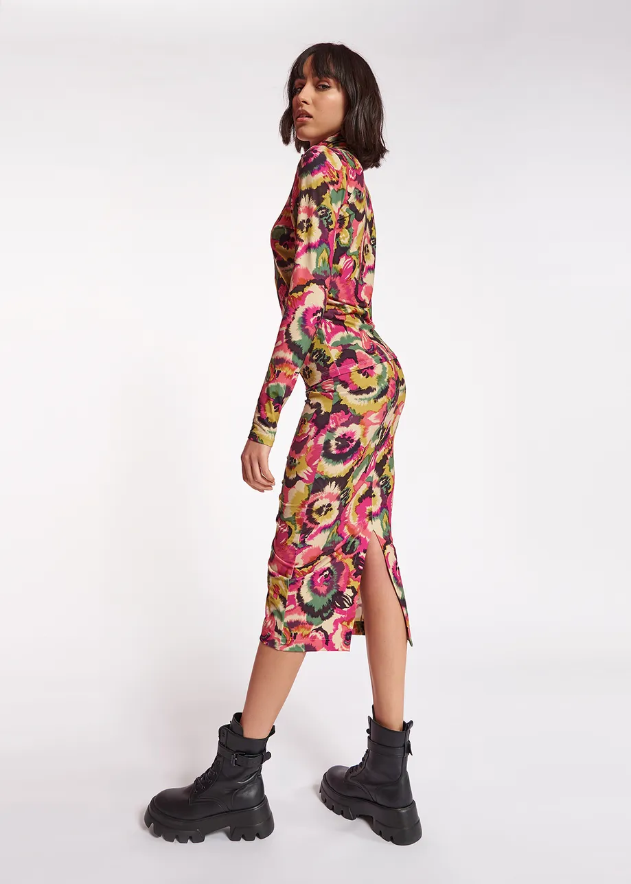 Multicolor floral-print ruched stretch-jersey midi skirt