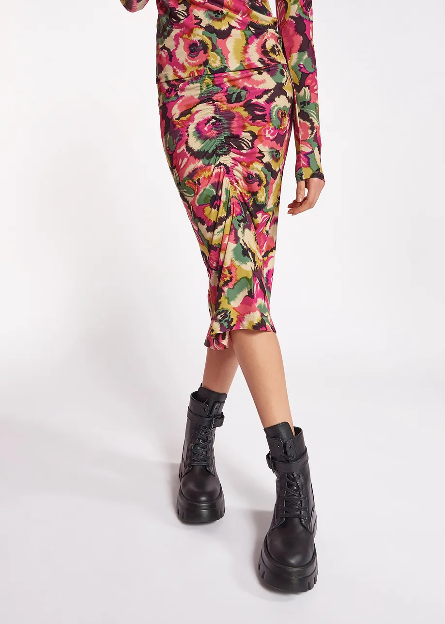 Multicolor floral-print ruched stretch-jersey midi skirt