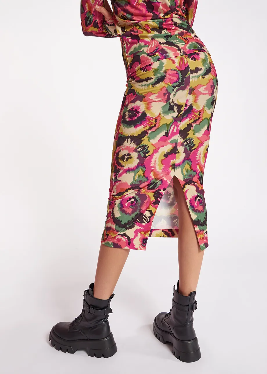 Multicolor floral-print ruched stretch-jersey midi skirt