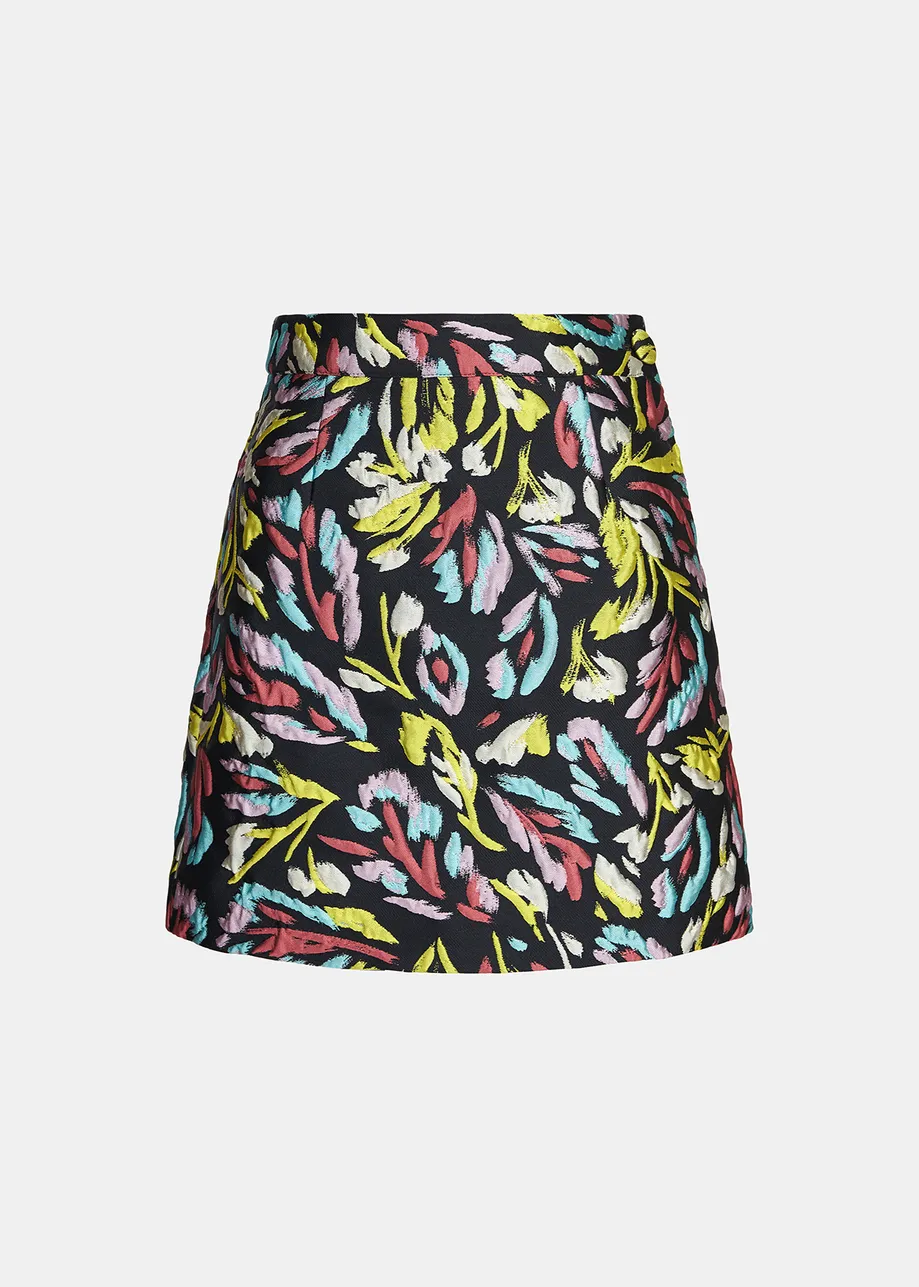 Black, yellow and lilac jacquard mini skirt