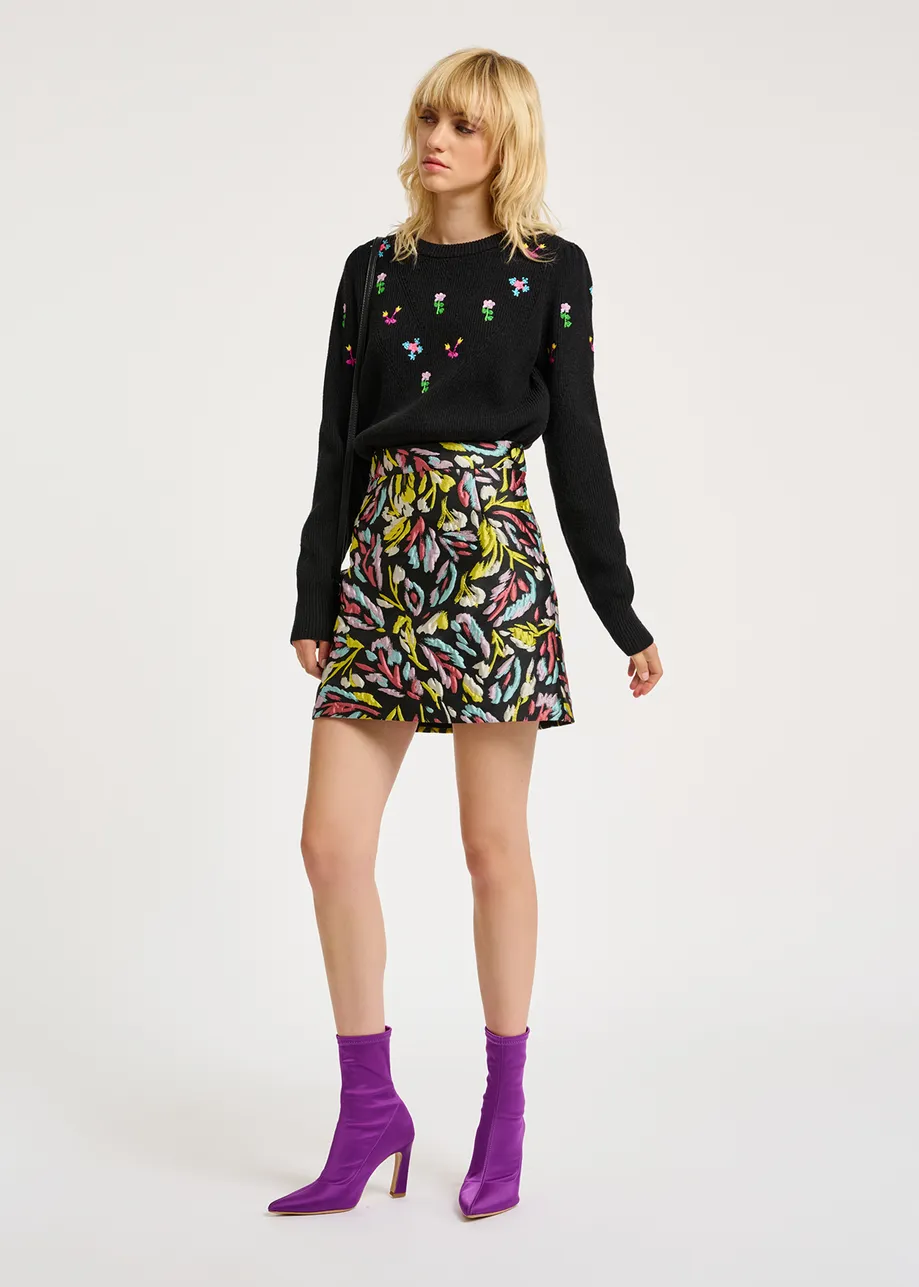 Black, yellow and lilac jacquard mini skirt