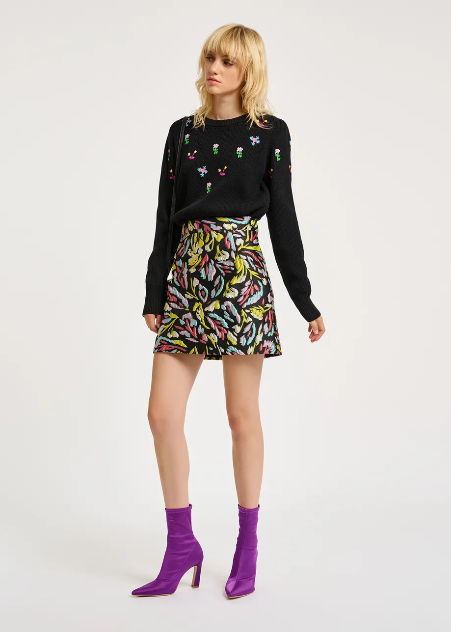 Black, yellow and lilac jacquard mini skirt
