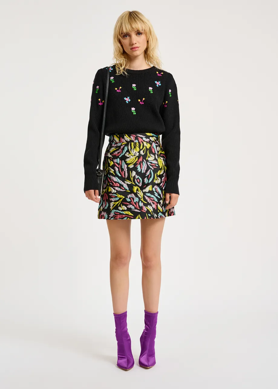 Black, yellow and lilac jacquard mini skirt