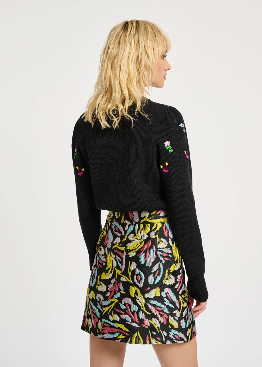 Black, yellow and lilac jacquard mini skirt